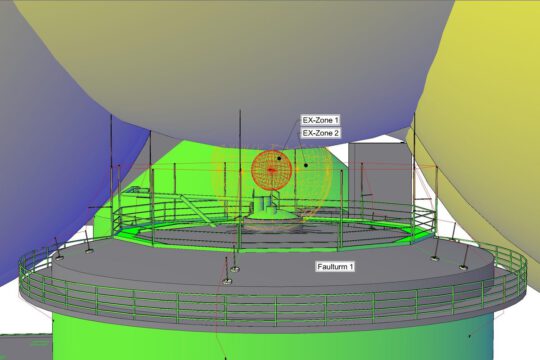 3D-Blitzschutzplanung mit Ex-Zonen an einem Faulturm