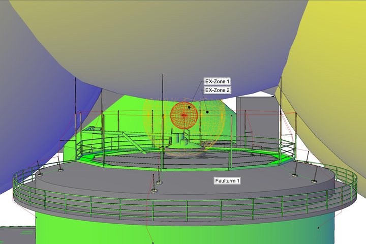 3D-Blitzschutzplanung eines Faulturms mit Ex-Zonen